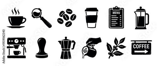 Set of black coffee shop icons with a grunge stamp texture, featuring an espresso machine, moka pot, beans, and latte art, representing cafe culture and brewing methods