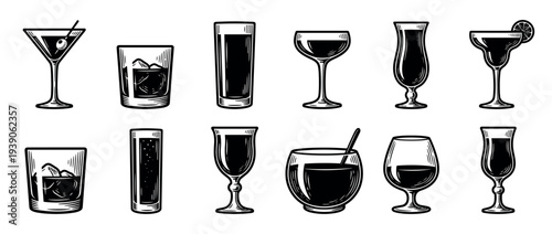 Collection of twelve black and white cocktail glasses in a vintage woodcut style, including martini, margarita, and whiskey glass illustrations for a bar menu or party design