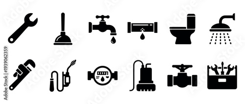 Collection of black plumbing service icons featuring various tools and fixtures for repair, including a wrench, plunger, faucet, leaking pipe, toilet, shower, and water meter