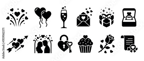 Set of black glyph icons for Valentine's Day and wedding themes, featuring a ring, couple, gift, rose, and love letter for romantic design projects and event celebration