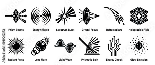 Collection of twelve black abstract icons representing energy, light, and physics concepts like prism beams, ripples, spectrum bursts, waves, and circuits in a minimalist vector style