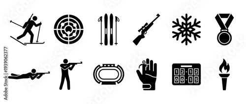 Set of black biathlon sport icons featuring a skier, rifle, target, skis, medal, scoreboard, and other essential equipment for winter competition