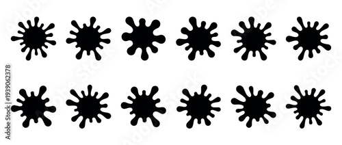 Set of twelve black ink splat icons with irregular rounded shapes, a graphic collection of paint splash silhouettes and abstract liquid blot elements for design