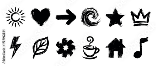 Collection of black grunge brushstroke icons including a sun, heart, star, and crown, hand-drawn with a dry brush effect for a textured, artistic design element set