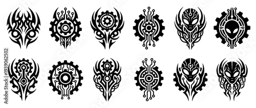 Black tribal biomechanical tattoo designs featuring futuristic alien heads, intricate gears, and complex circuit patterns in a bold, stylized stencil vector illustration set