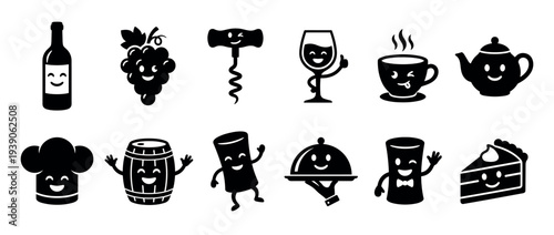 Set of black food and drink icons with cute cartoon faces, featuring a wine bottle, grapes, corkscrew, glass, coffee cup, teapot, chef hat, barrel, and cake slice as mascots