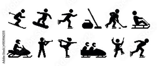 Set of black pixel art winter sports icons showing various athletic disciplines like skiing, skating, and bobsleigh in a minimalist retro 8-bit game style