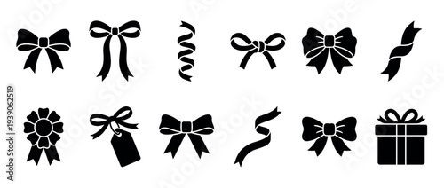 Set of black gift bow and ribbon silhouettes in various shapes and styles, including a present box, rosette, and tag, for festive holiday decoration and celebration design elements
