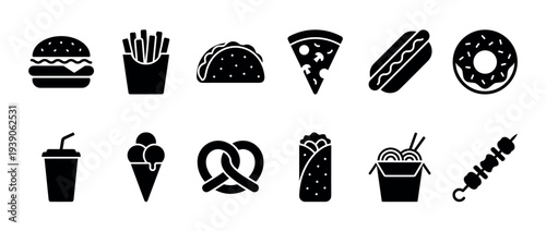 Collection of fast food glyph icons featuring a burger, fries, taco, pizza, hot dog, donut, soda, ice cream, pretzel, burrito, noodles, and kebab for graphic design elements