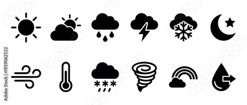 Set of black weather forecast icons showing various meteorological conditions like sun, rain, snow, wind, and storm in a simple flat glyph style for user interface design