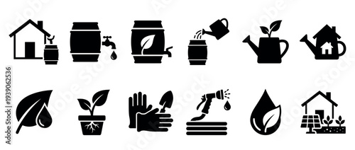 Set of black silhouette icons representing rainwater harvesting, water conservation, and sustainable gardening with barrels, watering cans, plants, and eco-friendly home symbols