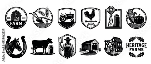 Collection of black and white farm icons featuring a barn, tractor, rooster, and cow in a vintage retro emblem style for agricultural branding and design