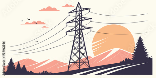 Power lines stretching across a serene sunset landscape with silhouetted trees and mountains