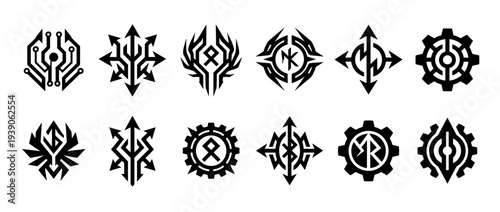 Collection of black futuristic fantasy icons with runic, technological, and tribal elements for a video game interface, logo design, or modern esoteric branding concept