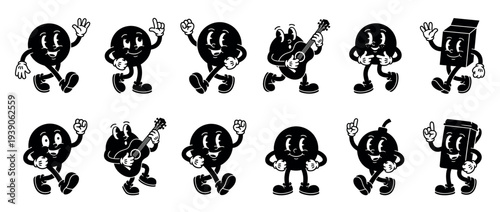 Set of retro black cartoon characters in a vintage 1930s animation style, featuring happy mascots walking, waving, pointing, and playing a guitar in various dynamic poses