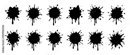 Collection of twelve black ink splatters with various dripping and splashing shapes, showcasing a grunge and messy artistic style perfect for graphic design elements