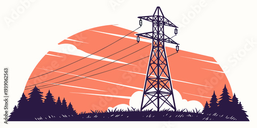 Power lines towering over a scenic mountainous landscape at dusk