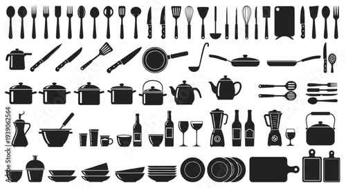 Collection of Kitchen Utensils and Cookware Silhouettes.