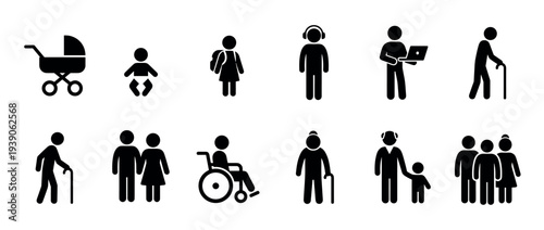 Set of black stick figure icons showing the human life cycle from baby to elderly and representing different social groups, generations, and disability in a simple pictogram collection