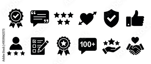 Collection of black glyph icons representing customer review, satisfaction, and feedback concepts like star ratings, quality medals, and approval symbols for user interface design