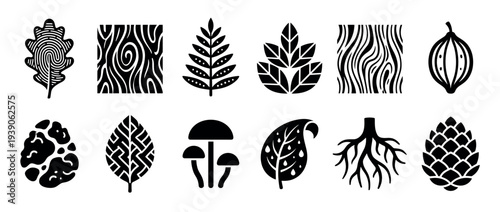Collection of black nature-themed icons featuring stylized leaves, wood grain, mushrooms, roots, and a pine cone in a minimalist graphic design style for logos or symbols
