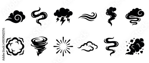 Collection of black silhouette weather icons showing clouds, wind, smoke, steam, storm, tornado, and explosion effects in a minimalist graphic style for design elements