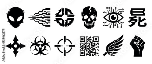 Collection of black cyberpunk style icons featuring a glitching alien, skull, biohazard symbol, cybernetic eye, and other futuristic dystopian elements for graphic design