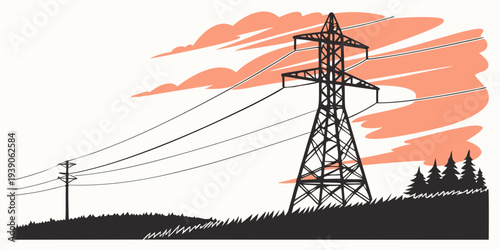 Power lines stretching across a serene landscape with a tall transmission tower.
