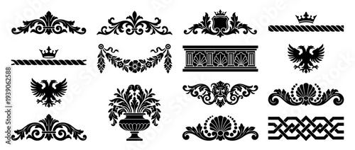 Set of black vintage ornamental elements including heraldic eagles, crowns, scrolls, and architectural friezes for classic decorative design and elegant graphic illustration