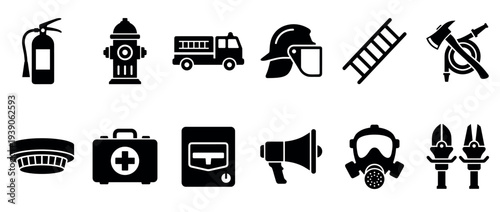 Set of black firefighter equipment icons including a fire extinguisher, hydrant, truck, helmet, ladder, axe, and first aid kit, presented as a simple vector glyph collection