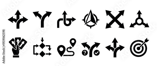 Black solid glyph icons set showing concepts of direction, decision, strategy, and goals, featuring various arrows, a flowchart, a route, a hand with options, and a target symbol