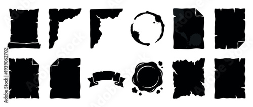 Collection of black vintage paper silhouettes featuring old parchment scrolls with torn edges, a wax seal stamp, a ribbon banner, and grunge coffee cup stains for a historical design
