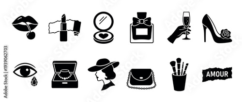 Collection of black silhouette icons representing fashion, beauty, and love, featuring lipstick, a high heel shoe, perfume, jewelry, a woman's profile, and the word amour