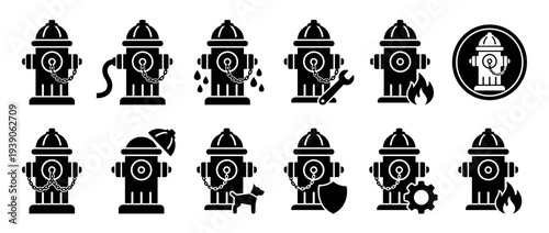 Black fire hydrant silhouette icon collection showing various states including leaking water, fire, repair with a wrench, and safety symbols for emergency services