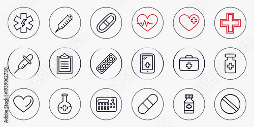 Collection of medical and health-related icons in a circular layout