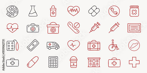 Collection of icons representing various aspects of healthcare and medical services