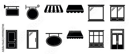 Collection of black storefront facade icons including doors, windows, awnings, and hanging signs for shops, cafes, or restaurants in a simple graphic vector style