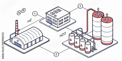 Illustration of industrial water treatment and storage facility components