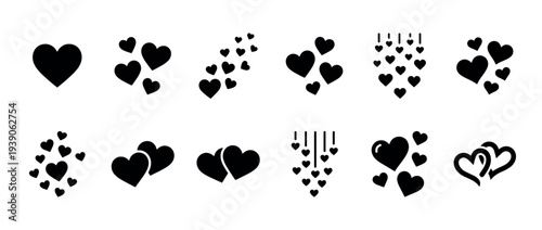 Collection of black heart vector icons showing different romantic and social media symbols, including single hearts, flying groups, and coupled pairs for graphic design elements