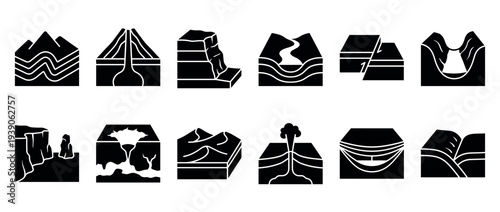 Set of black geology and landform icons showing various earth science processes like volcanic eruption, rock faults, mountain folding, and river valley formation in a minimal glyph style