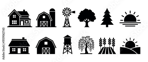 Collection of black farm and countryside icons featuring a house, barn, windmill, silo, water tower, trees, wheat field, and sun in a clean minimalist silhouette style