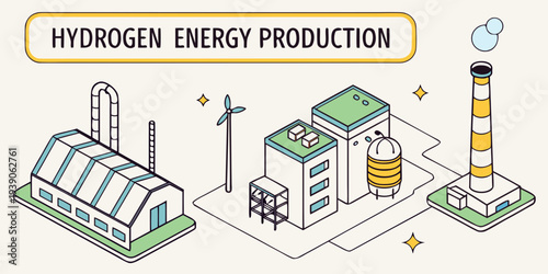 Illustration of hydrogen energy production and storage processes at a facility