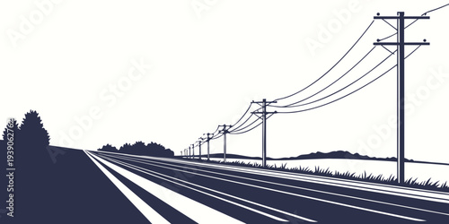 A serene view of railway tracks stretching into the distance with overhead power lines