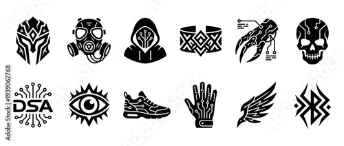Black cyberpunk icon set with futuristic symbols like a warrior helmet, gas mask, robotic claw, and skull with circuit board patterns for tech or gaming design elements