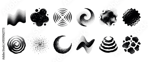 Collection of abstract black graphic design elements with dotwork, stipple, and halftone textures, including various forms like swirls, blobs, waves, and geometric figures