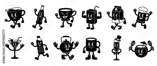 Set of retro anthropomorphic drink and beverage mascots in a vintage 1930s rubber hose cartoon style with cheerful expressions and dynamic poses
