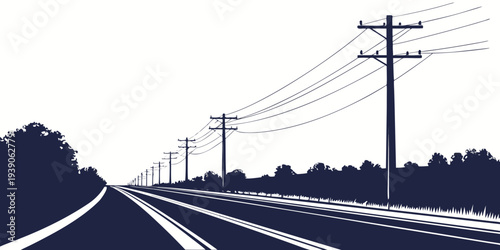 Silhouetted railway track stretching into the distance with power lines overhead.