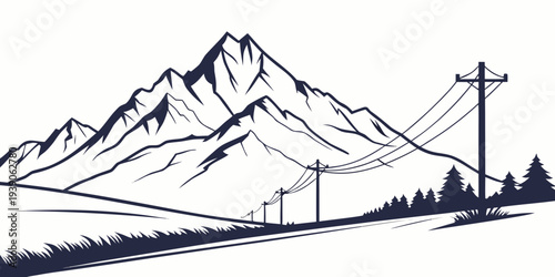 Mountain landscape with power lines and railway tracks in the foreground.