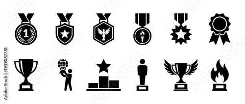 Set of black award and trophy icons including various medals, cups, a winner's podium, and other symbols of victory and achievement in a minimalist graphic style