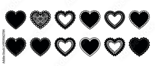 Black lace heart silhouettes and frames collection with various intricate, ornamental, and scalloped edge designs for romantic decoration, presented as a graphic vector set
